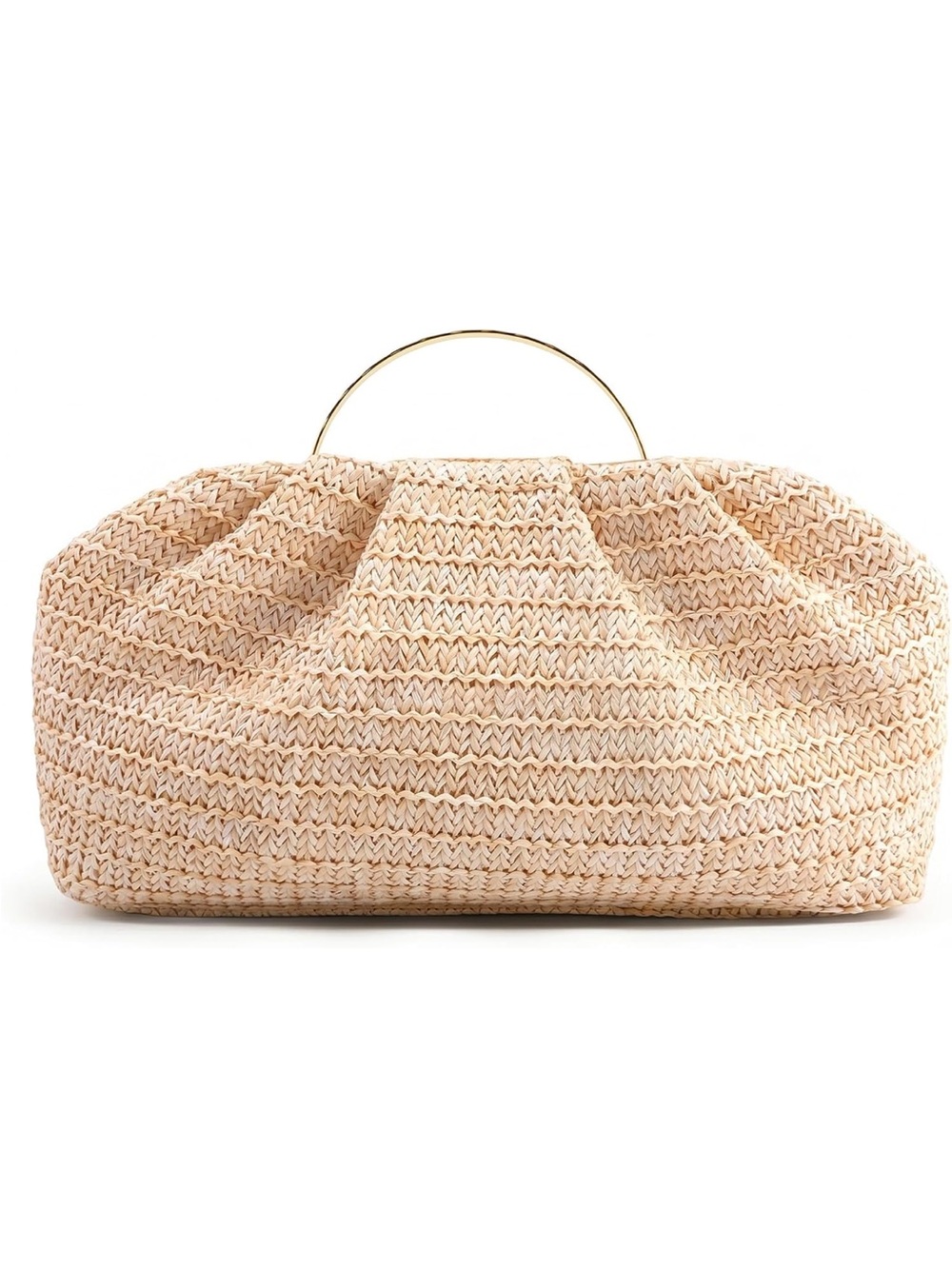 Woven Straw Clutch Bag with Gold Handle - Beige
